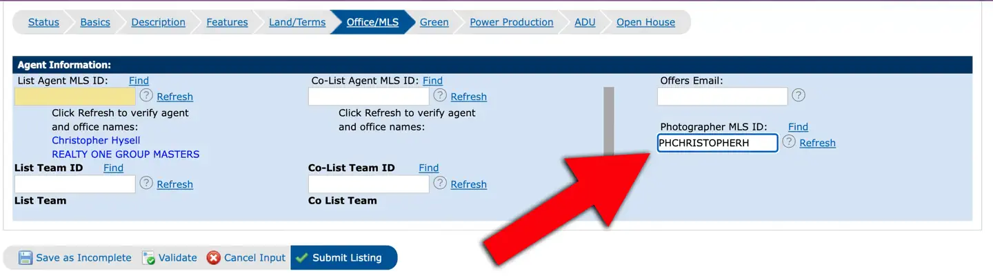 Screenshot showing where to enter the photographer ID in the MLS listing input form