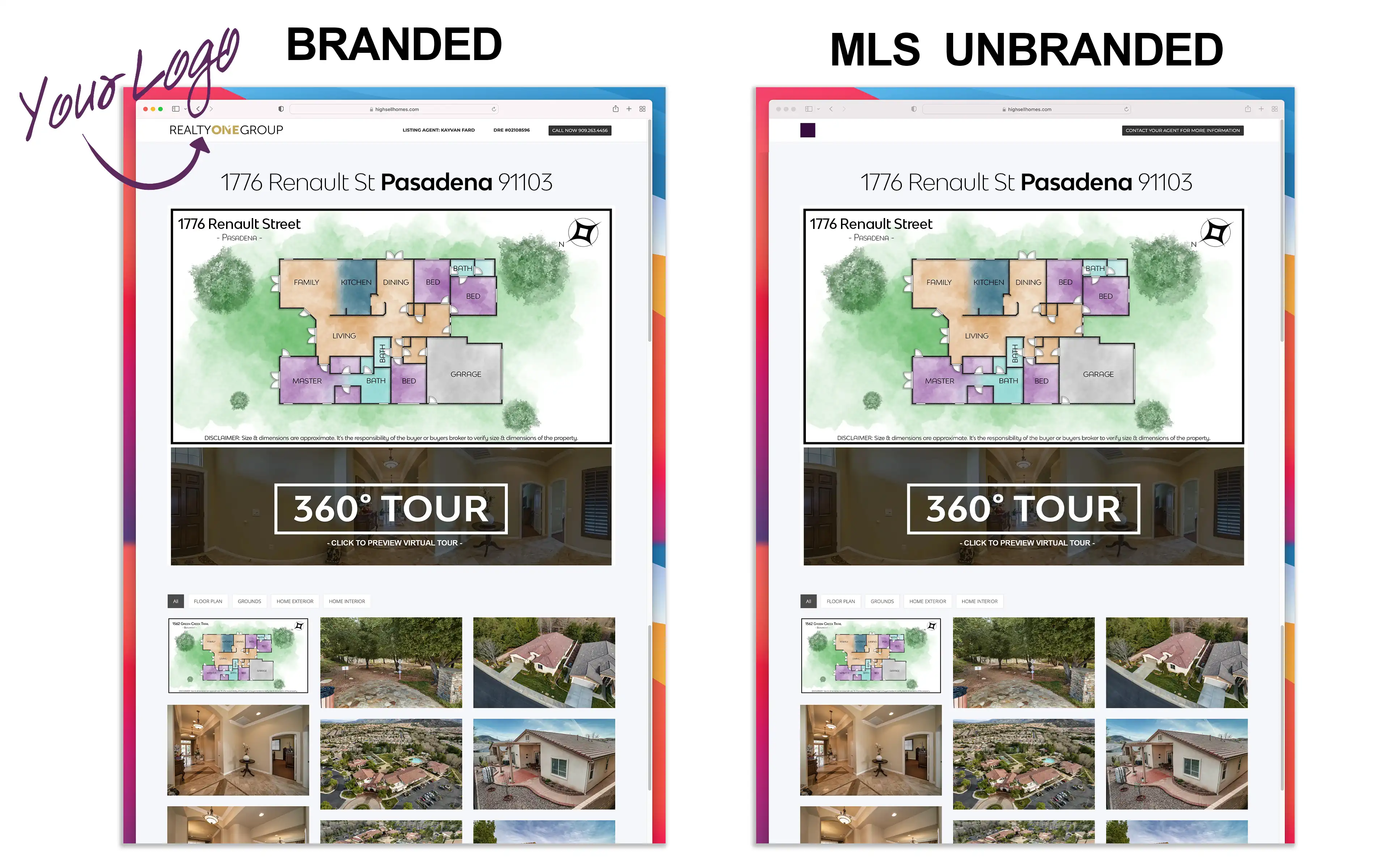 Side-by-side screenshots showcasing custom property website examples, one with real estate agent's branding logo and another without branding elements.