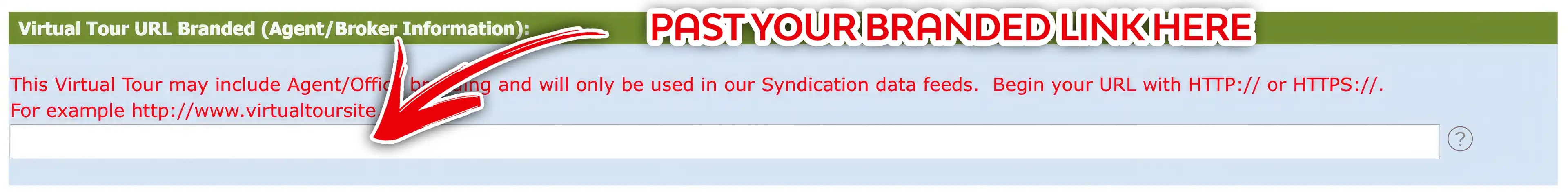 A screenshot showing where to paste the virtual tour link into the branded virtual tour section of the MLS. The image includes a visual arrow that points to the exact location where the branded virtual tour link should be pasted. This screenshot provides clear instructions for users who want to add a virtual tour to their MLS listing and demonstrates the importance of properly formatting.