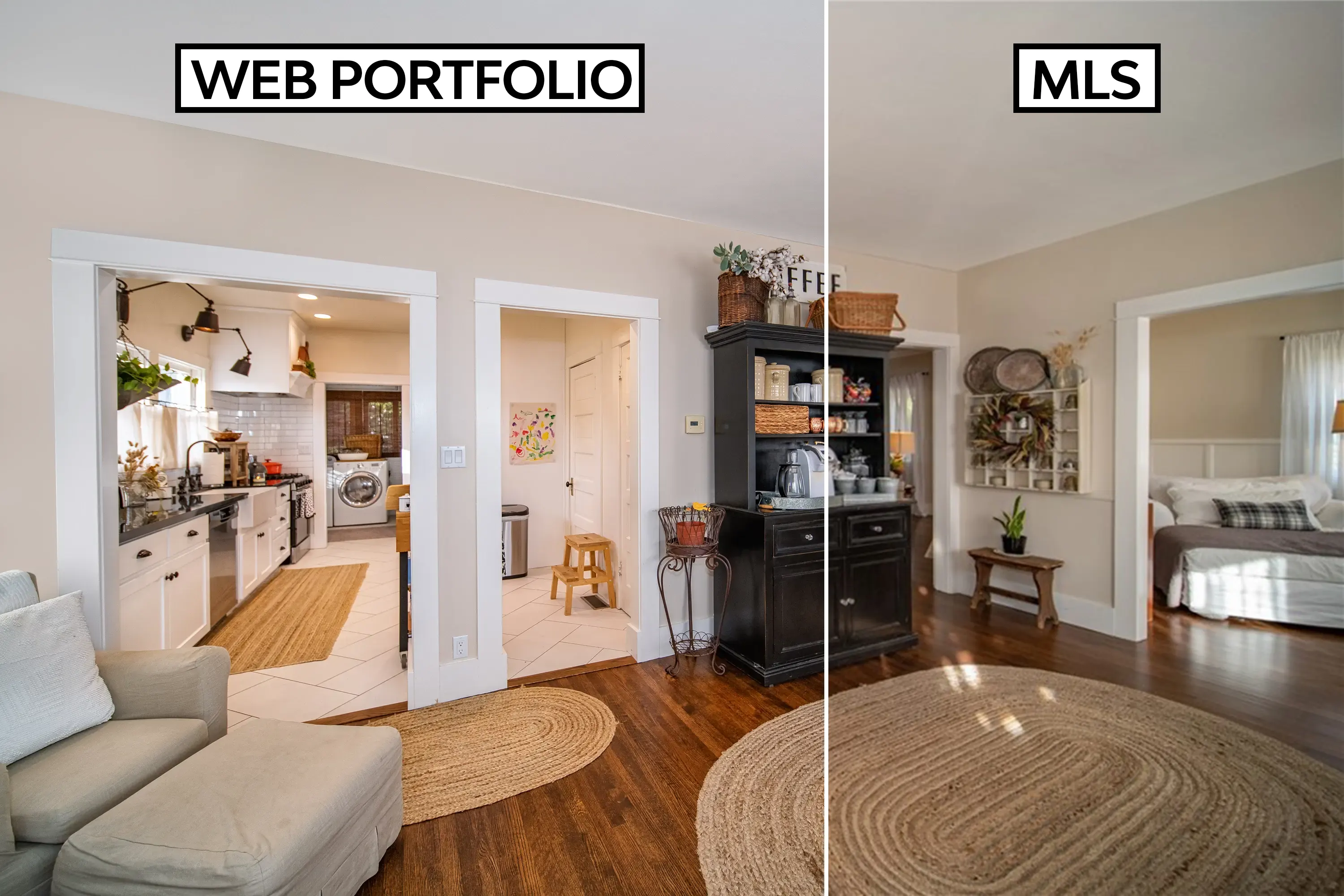 A side-by-side comparison of a living room image. The image on the left shows how the room should look and how it will appear when uploaded to the highsellhomes.com listing web portfolio. The image on the right demonstrates how the same image is compressed and degraded when uploaded to the MLS. This comparison illustrates the importance of high-quality images in real estate listings and highlights the superior image quality that can be achieved with highsellhomes.com.