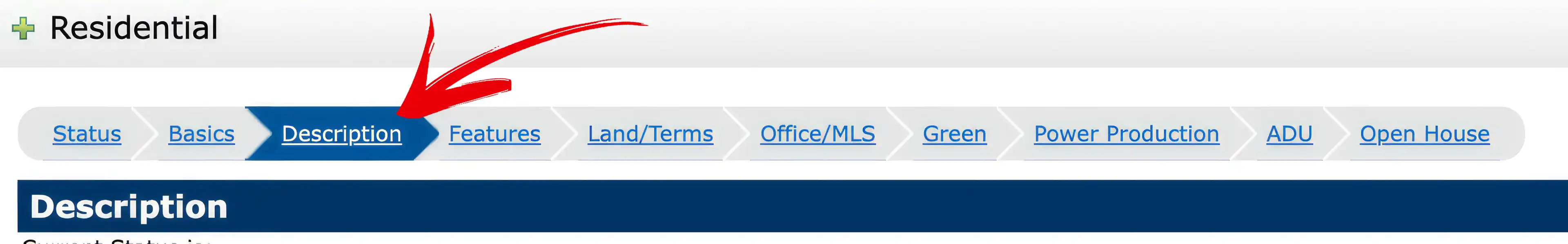 A screenshot of the MLS Description tag where agents can create new real estate listings. The image includes an arrow that points to the Description tag for easy navigation. This screenshot is a helpful reference for agents who want to quickly and easily add virtual tour links to their new MLS listings. By copying and pasting the virtual tour link into the Description tag, agents can provide potential buyers with a comprehensive virtual tour experience that helps their properties stand out in a crowded market.