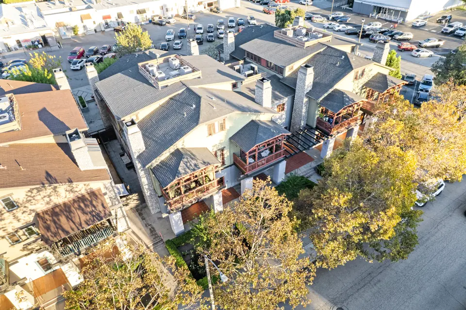 Aerial view straight down on the building's roofs