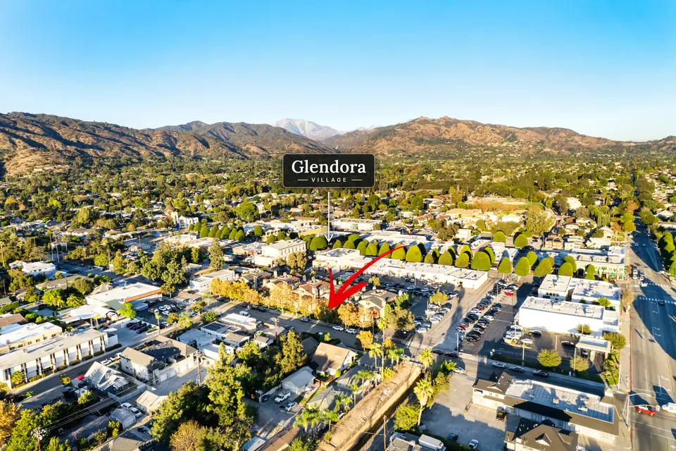 Aerial view toward the mountains with Glendora Village labeled