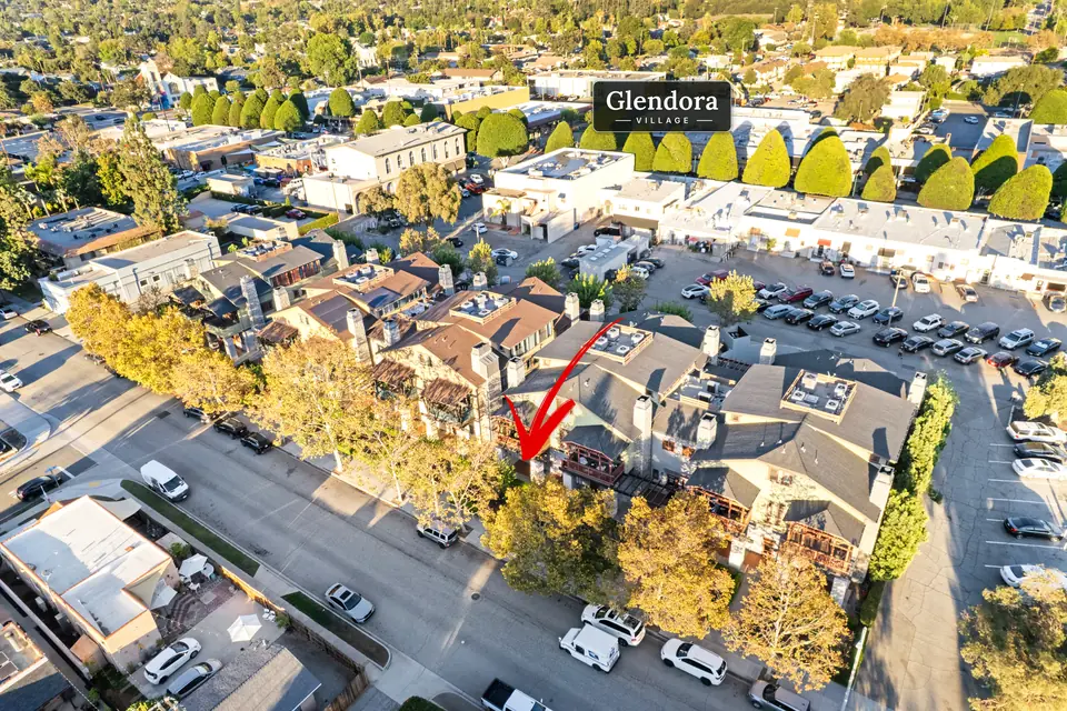 Aerial view with Glendora Village labeled and an arrow marking the home