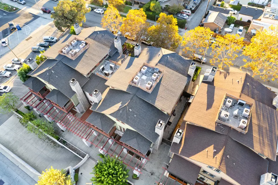 Aerial close-up of the rooftops